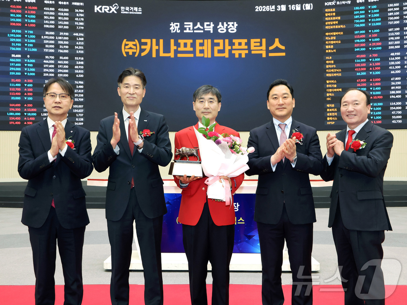 (서울=뉴스1) = 한국거래소 코스닥시장본부는 16일 오전 서울사옥 홍보관에서 카나프테라퓨틱스의 코스닥시장 상장기념식을 개최했다고 밝혔다. 사진은 상장 기념식 후 기념 사진 촬영하 …