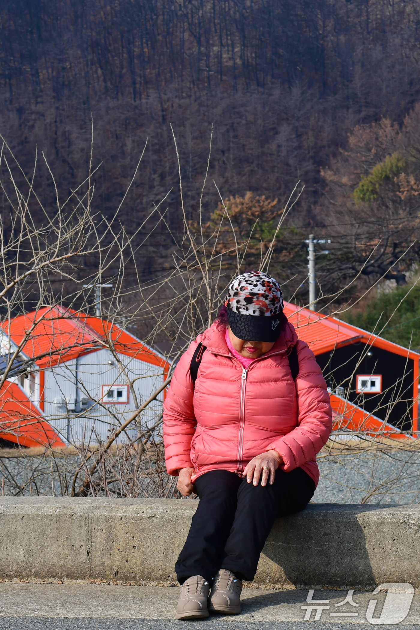 (영덕=뉴스1) 최창호 기자 = 16일 오전 지난해 3월 산불 피해지역인 경북 영덕군 영덕읍 석리 해안 마을(일명 따개비 마을)에서 주민이 버스를 타기 위해 정류장으로 걸어가던 중 …