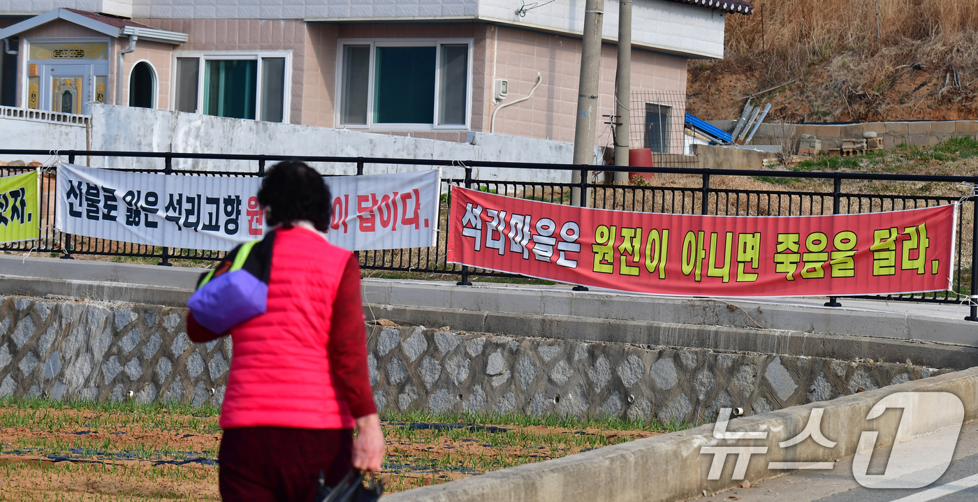 (영덕=뉴스1) 최창호 기자 = 16일 오전 지난해 3월 산불 피해지역인 경북 영덕군 영덕읍 석리 해안 마을(일명 따개비 마을) 도로 주변에 정부의 신규원전 유치를 찬성하는 현수막 …