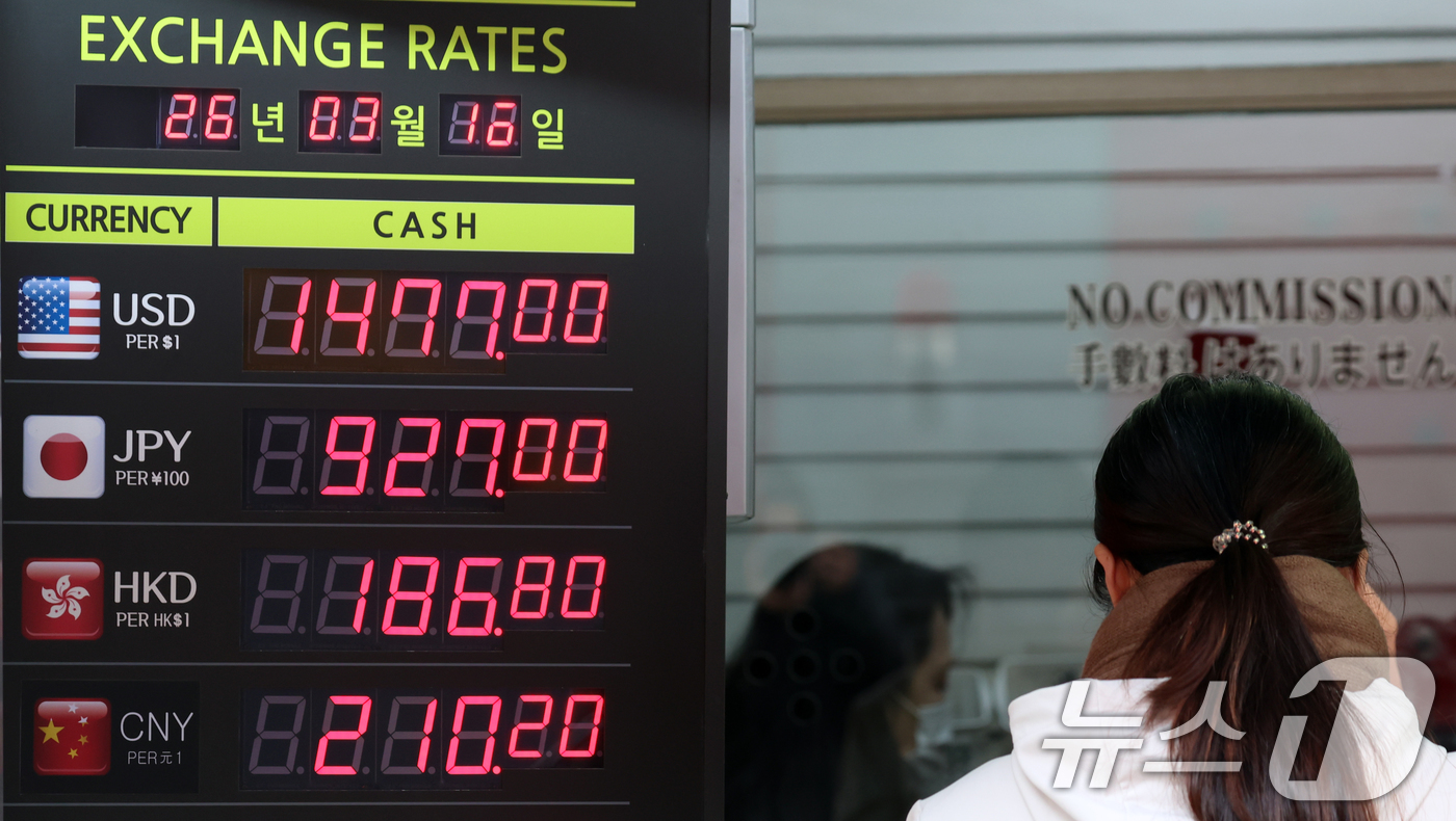 (서울=뉴스1) 김명섭 기자 = 16일 서울 중구 명동 환전소에서 외국인 관광객들이 환전을 하고 있다. 원·달러 환율은 전 거래일 오후 3시30분 종가 대비7.3원 오른 1501. …