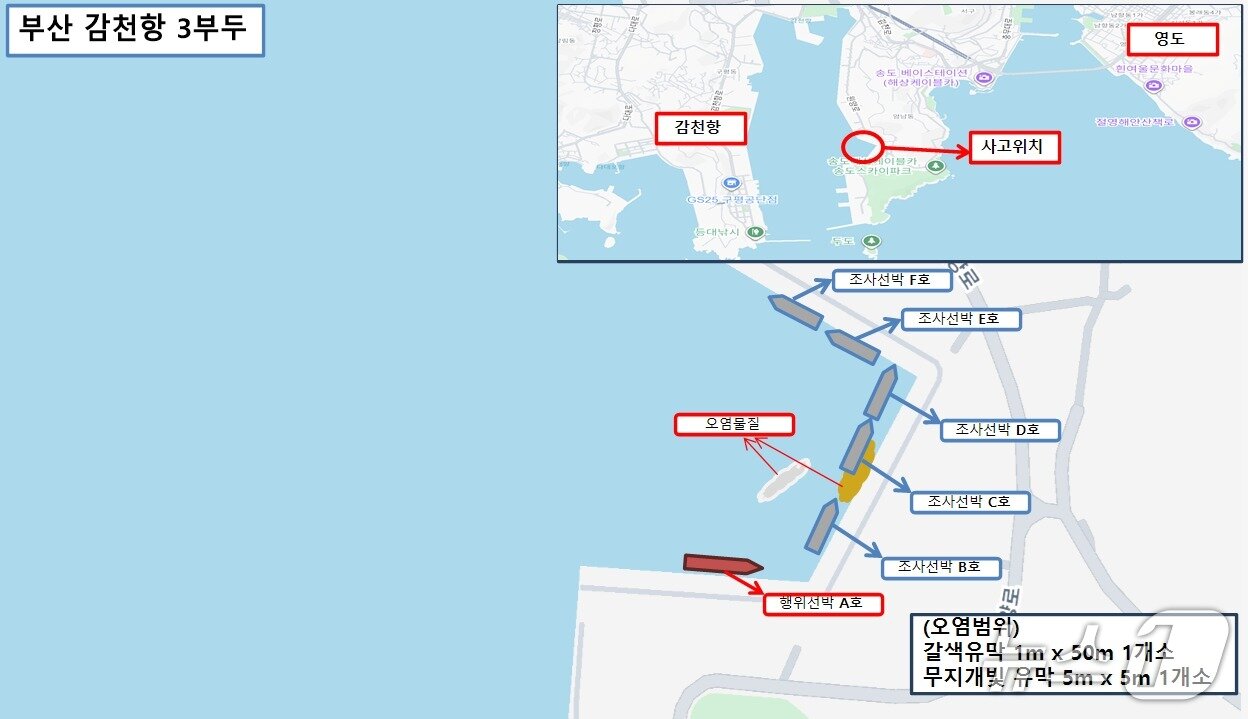 본문 이미지 - 지난 11일 발생한 부산 감천항 3부두 오염사고 상황도 (해경 제공. 재판매 및 DB금지)