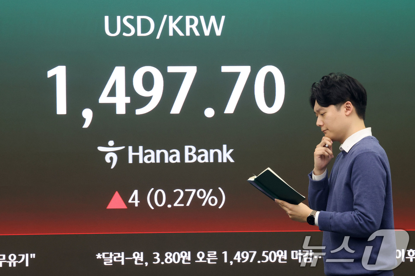 (서울=뉴스1) 이광호 기자 = 16일 오후 서울 중구 하나은행 딜링룸 현황판에 원달러 환율이 전장대비 4포인트(0.27%) 상승한 1,497.70원에 거래되고 있다. 2026.3 …