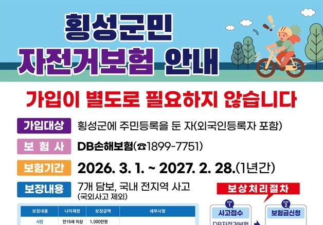 횡성군, 전 군민 '자전거 사고 보험' 자동 가입…"안전망 강화"