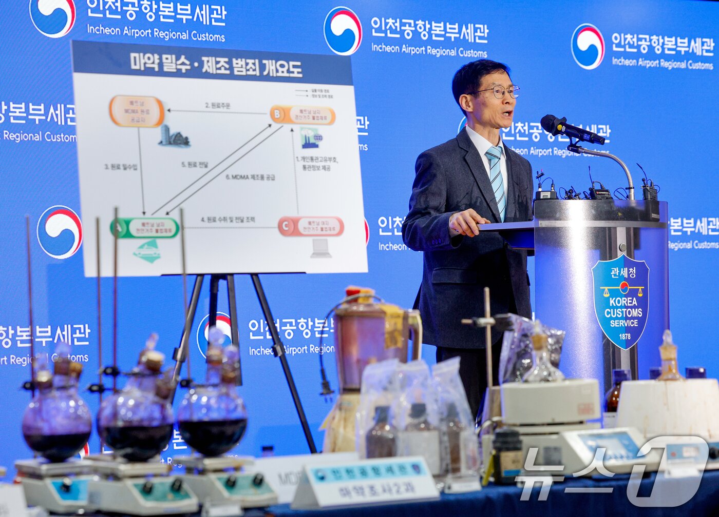 본문 이미지 - 전성배 인천공항본부세관 조사국장이 17일 인천 중구 인천공항세관 수출입통관청사에서 열린 항정신성 마약 MDMA(엑스터시) 제조 시설 적발·압수 및 유통일당 검거 브리핑에 참석해 모두 발언을 하고 있다. 2026.3.17 ⓒ 뉴스1 안은나 기자