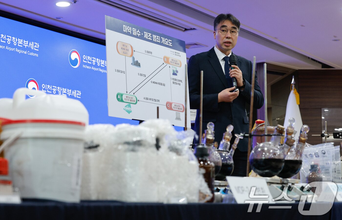 본문 이미지 - 유용배 인천공항본부세관 마약조사2과장이 17일 인천 중구 인천공항세관 수출입통관청사에서 항정신성 마약 MDMA(엑스터시) 제조 시설 적발·압수 및 유통일당 검거 브리핑을 하고 있다. 2026.3.17 ⓒ 뉴스1 안은나 기자