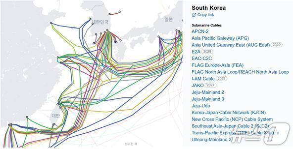 본문 이미지 - 우리나라와 연결된 해저통신케이블 현황(출처:Submarine Cable Map)