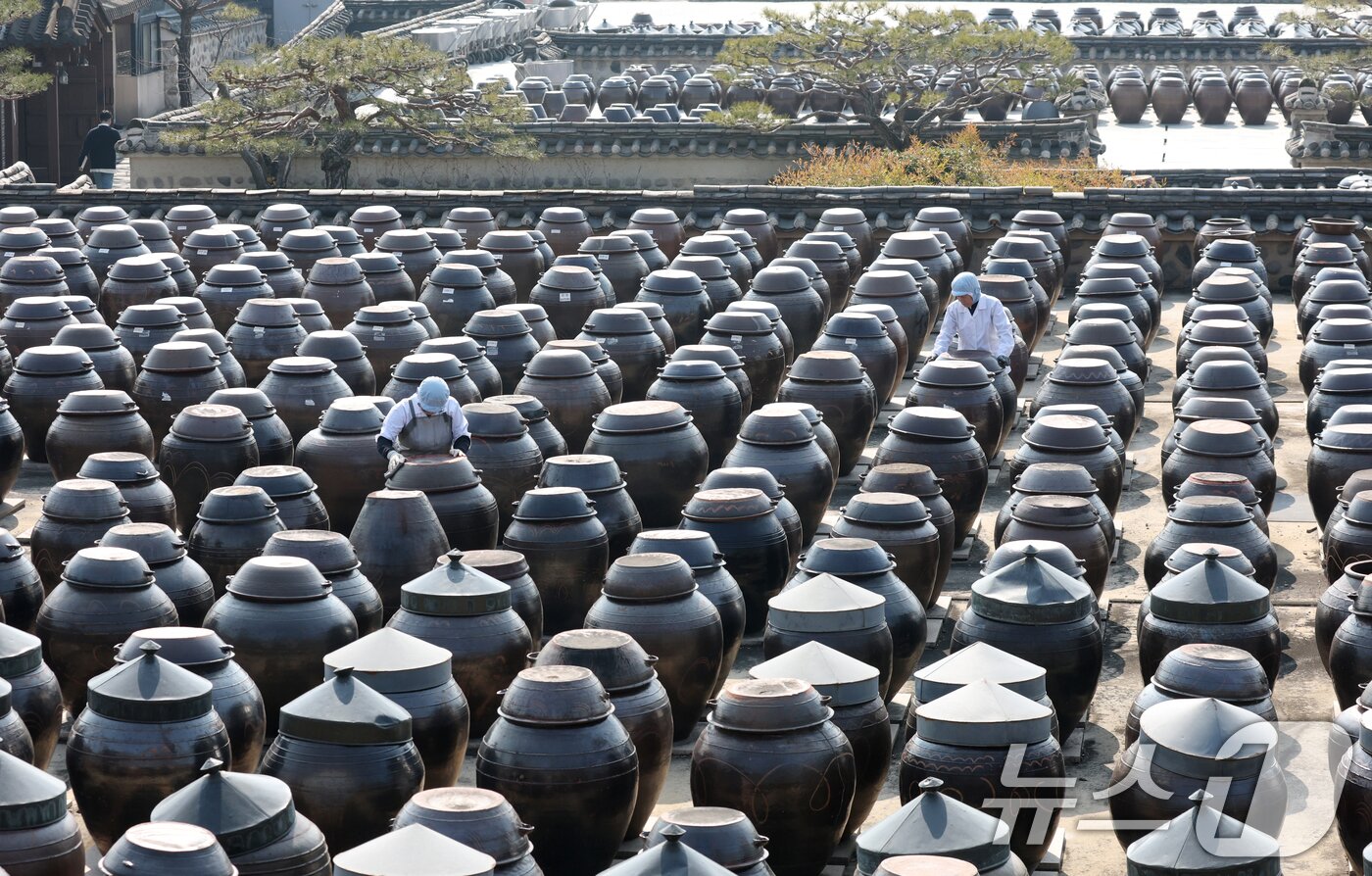 본문 이미지 - 절기상 춘분을 사흘 앞둔 17일 경기 안성시 일죽면 서일농원에서 직원들이 장독대를 닦고 있다. 2026.3.17 ⓒ 뉴스1 김영운 기자