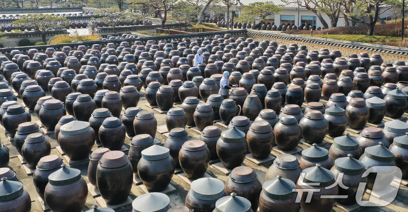 본문 이미지 - 절기상 춘분을 사흘 앞둔 17일 경기 안성시 일죽면 서일농원에서 직원들이 장독대를 닦고 있다. 2026.3.17 ⓒ 뉴스1 김영운 기자