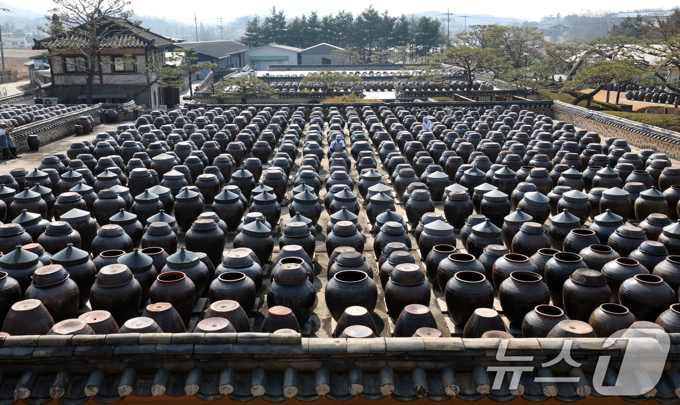 본문 이미지 - 절기상 춘분을 사흘 앞둔 17일 경기 안성시 일죽면 서일농원에서 직원들이 장독대를 닦고 있다. 2026.3.17 ⓒ 뉴스1 김영운 기자