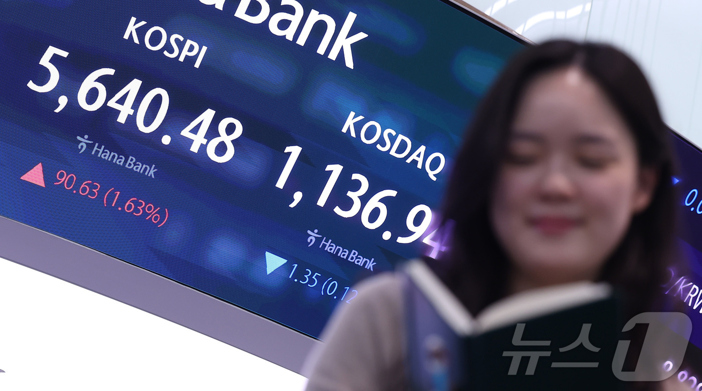 (서울=뉴스1) 김성진 기자 = 17일 서울 중구 하나은행 본점 딜링룸 전광판에 종가가 표시되고 있다.이날 코스피는 전일 종가와 비교해 90.63포인트(1.63%) 상승한 5640 …
