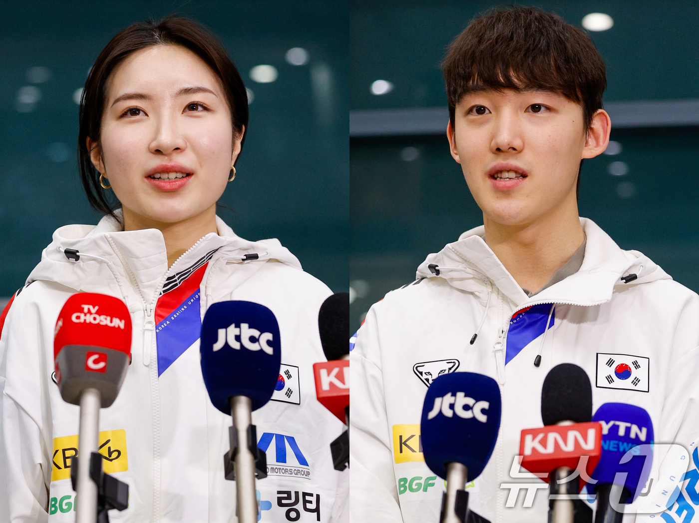 (인천공항=뉴스1) 안은나 기자 = 2026 ISU(국제빙상경기연맹) 쇼트트랙 세계선수권대회에서 1000m, 1500m 금메달로 생애 첫 2관왕을 달성한 김길리(왼쪽), 임종언이 …
