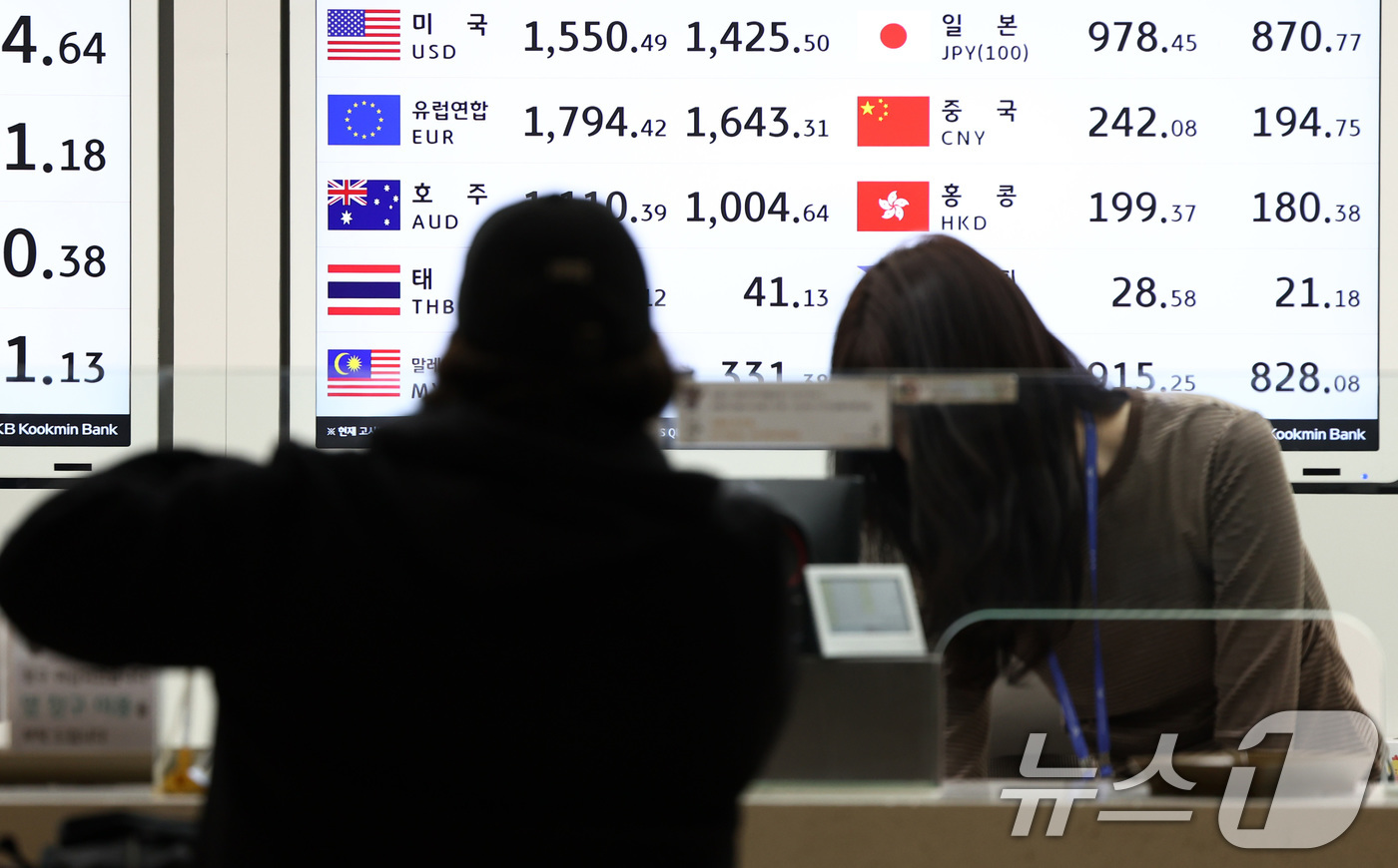 (인천공항=뉴스1) 최지환 기자 = 환율안정 3법(조세특례 제한법 일부개정안, 농어촌특별세법 일부 개정안 등) 본회의 처리를 앞둔 18일 인천국제공항 1터미널 환전소에 환율 정보가 …