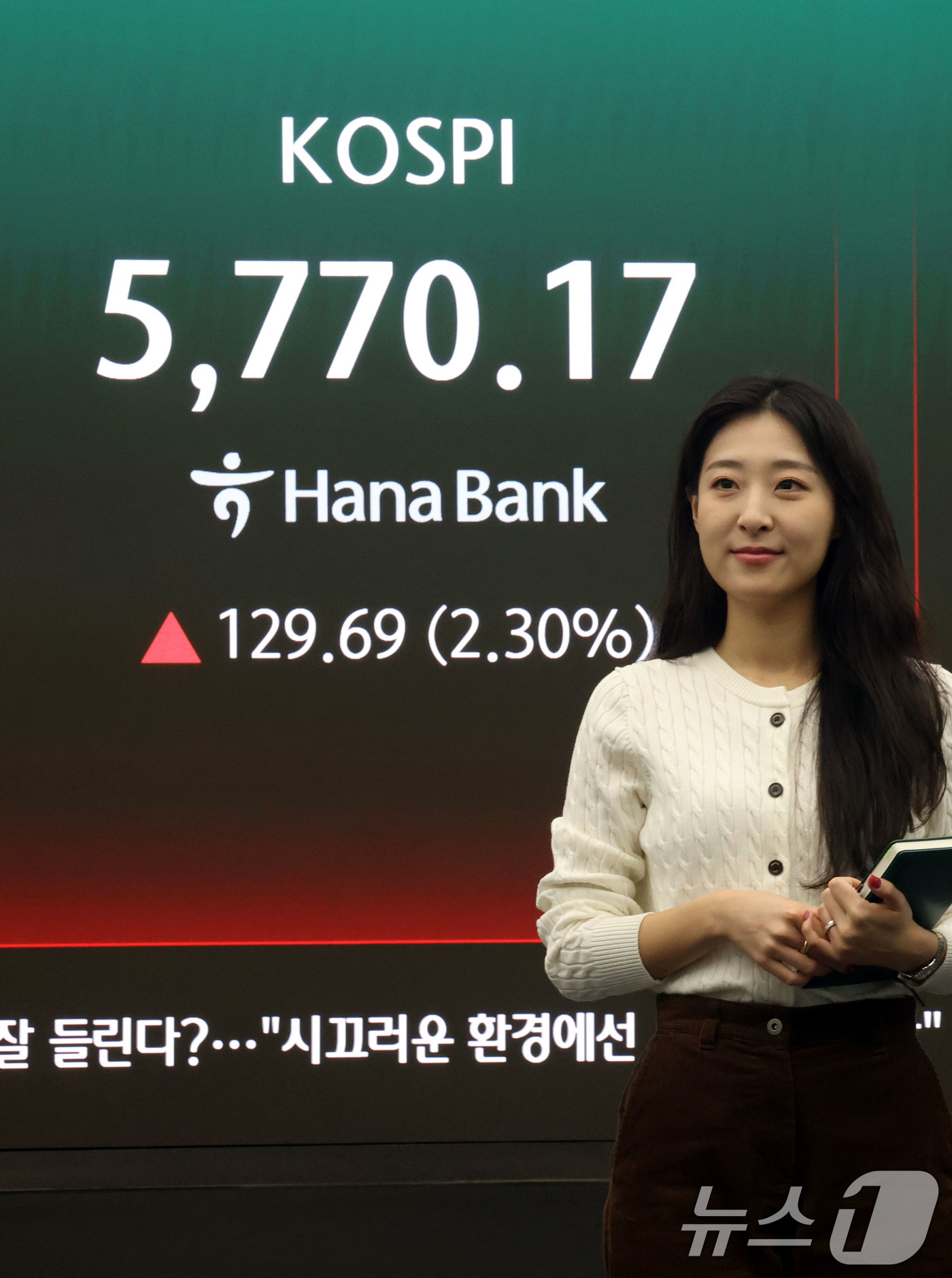 (서울=뉴스1) 이광호 기자 = 코스피가 2%대 상승 출발한 18일 오전 서울 중구 하나은행 딜링룸 현황판에 전장대비 129.69포인트(2.30%) 상승한 5,770.17을 나타내 …