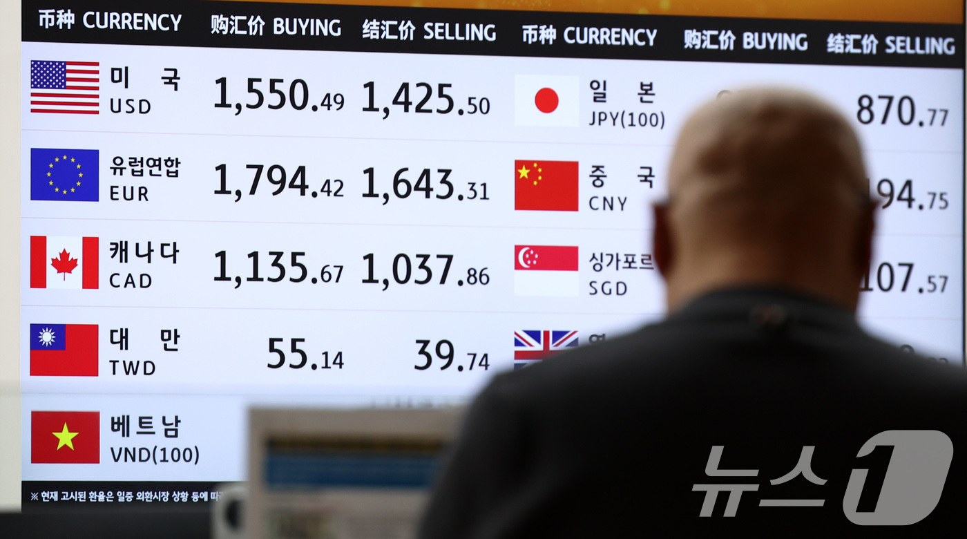 (인천공항=뉴스1) 최지환 기자 = 환율안정 3법(조세특례 제한법 일부개정안, 농어촌특별세법 일부 개정안 등) 본회의 처리를 앞둔 18일 인천국제공항 1터미널 환전소에 환율 정보가 …