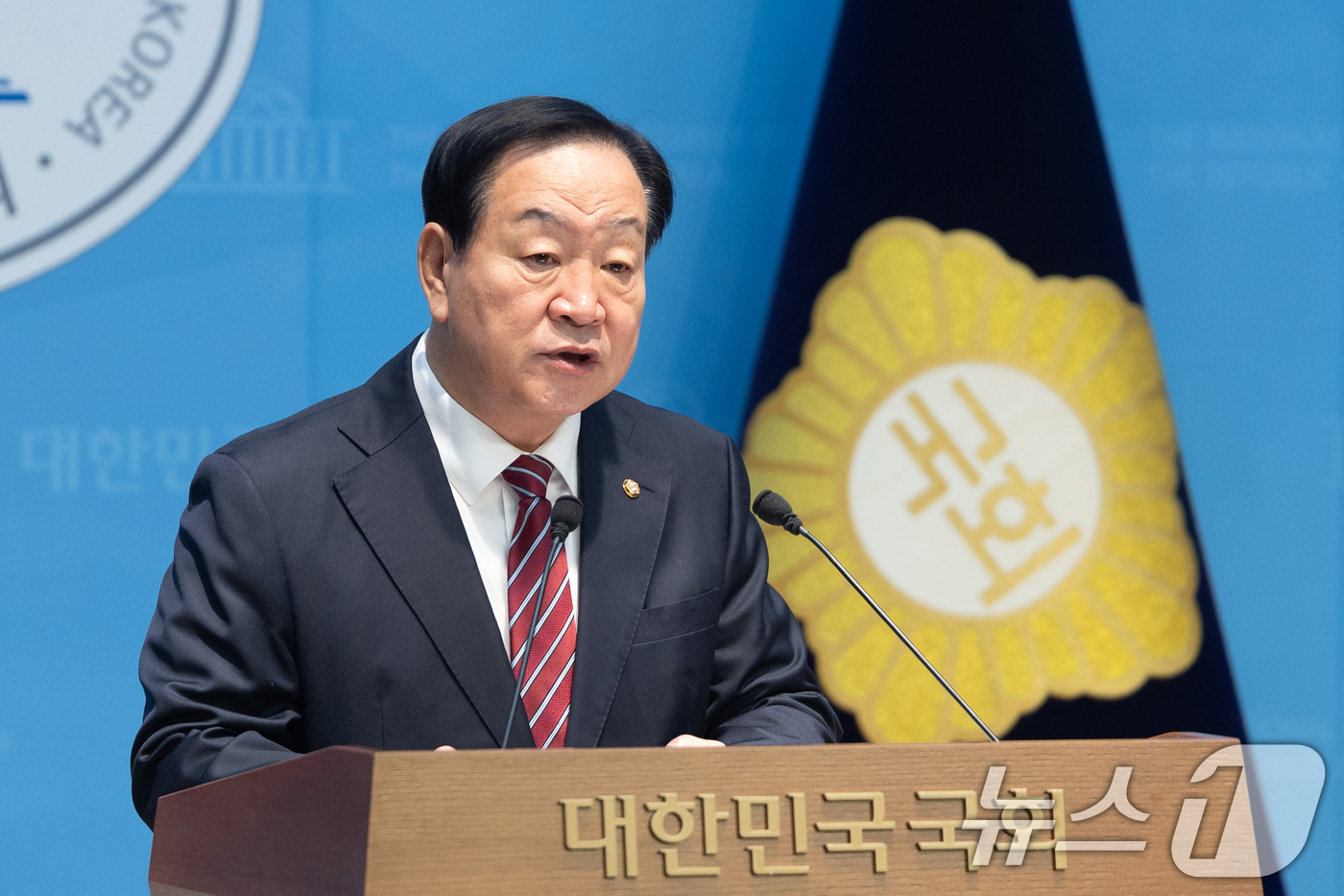 (서울=뉴스1) 이승배 기자 = 한기호 국민의힘 의원이 18일 서울 여의도 국회 소통관에서 강원특별법 3차 개정안 관련 기자회견을 하고 있다. 2026.3.18/뉴스1