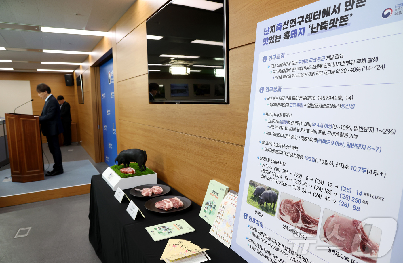 (세종=뉴스1) 김기남 기자 = 조용민 농촌진흥청 국립축산과학원 원장이 18일 세종시 정부세종청사에서  토종 제주흑돼지를 기반으로 개발한 신품종 난축맛돈의 산업화 성과를 발표하고 …