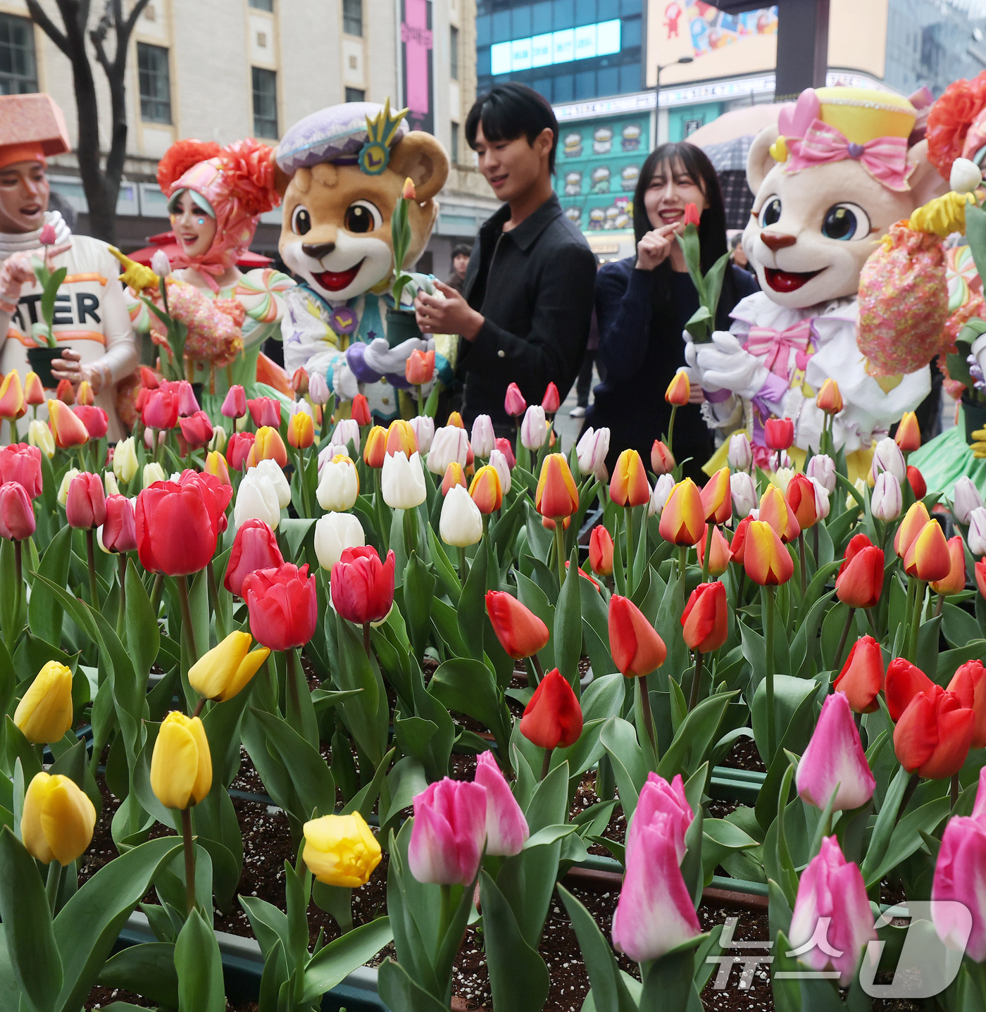 (서울=뉴스1) 오대일 기자 = 18일 오후 서울 중구 명동거리에서 얄린 '도심에서 미리 만나는 에버랜드 튤립축제' 캠페인에서 에버랜드 공연 연기자들이 시민들에게 싱그러운 튤립 화 …