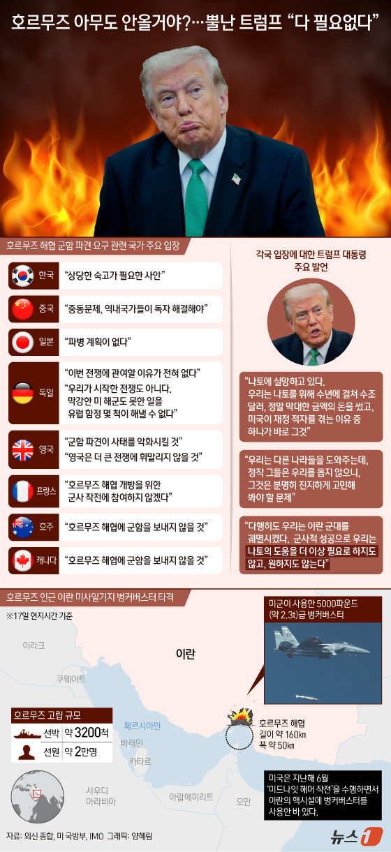 (서울=뉴스1) 양혜림 디자이너 = 도널드 트럼프 미국 대통령은 17일(현지시간) 북대서양조약기구(NATO) 동맹국을 비롯해 한국, 일본, 호주 등 인도·태평양 지역 동맹국이 이란 …