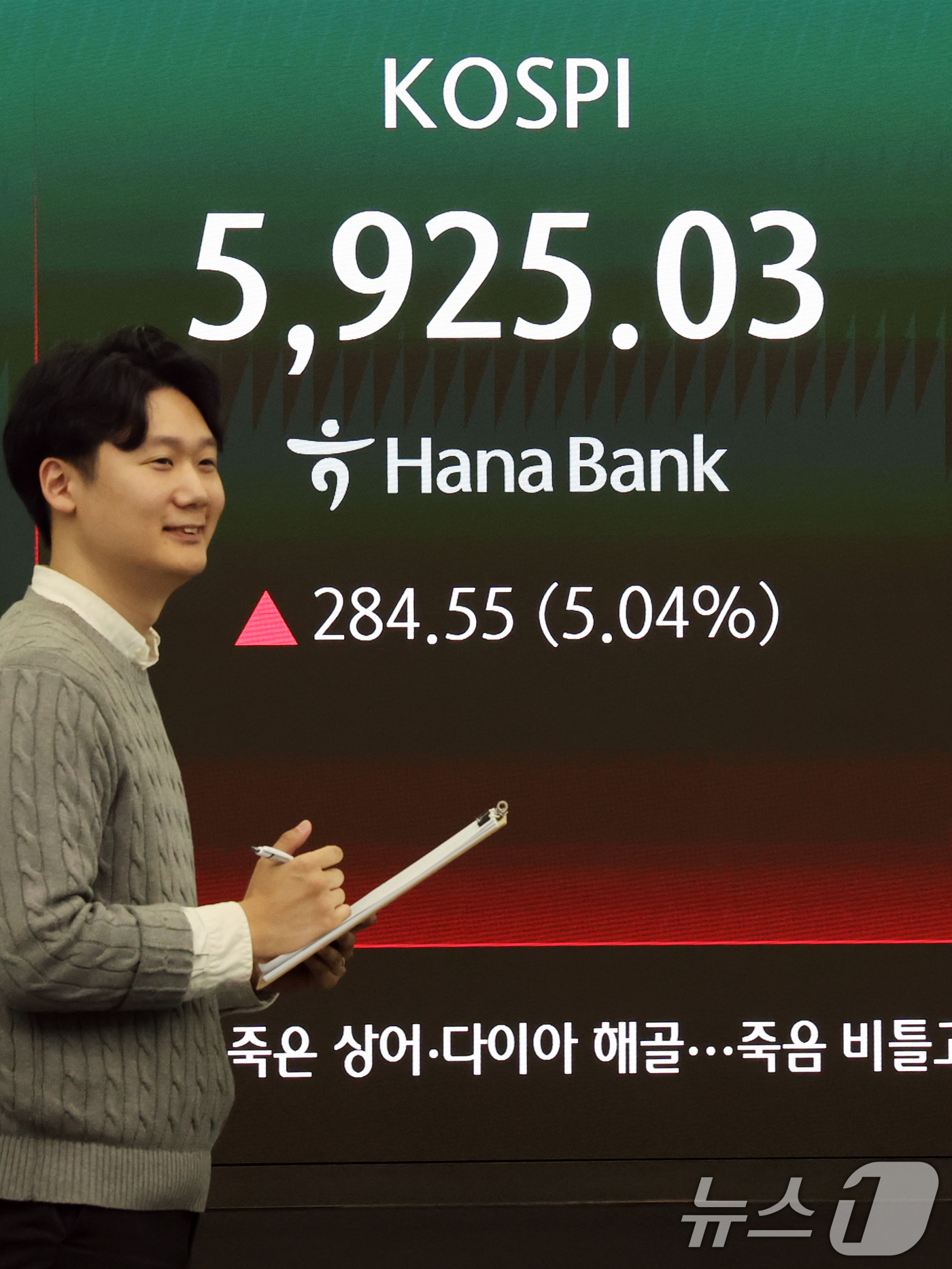 (서울=뉴스1) 황기선 기자 = 18일 오후 서울 중구 하나은행 본점 딜링룸 전광판에 종가가 표시되고 있다.이날 코스피는 전 거래일보다 284.55.포인트(5.04%) 오른 592 …