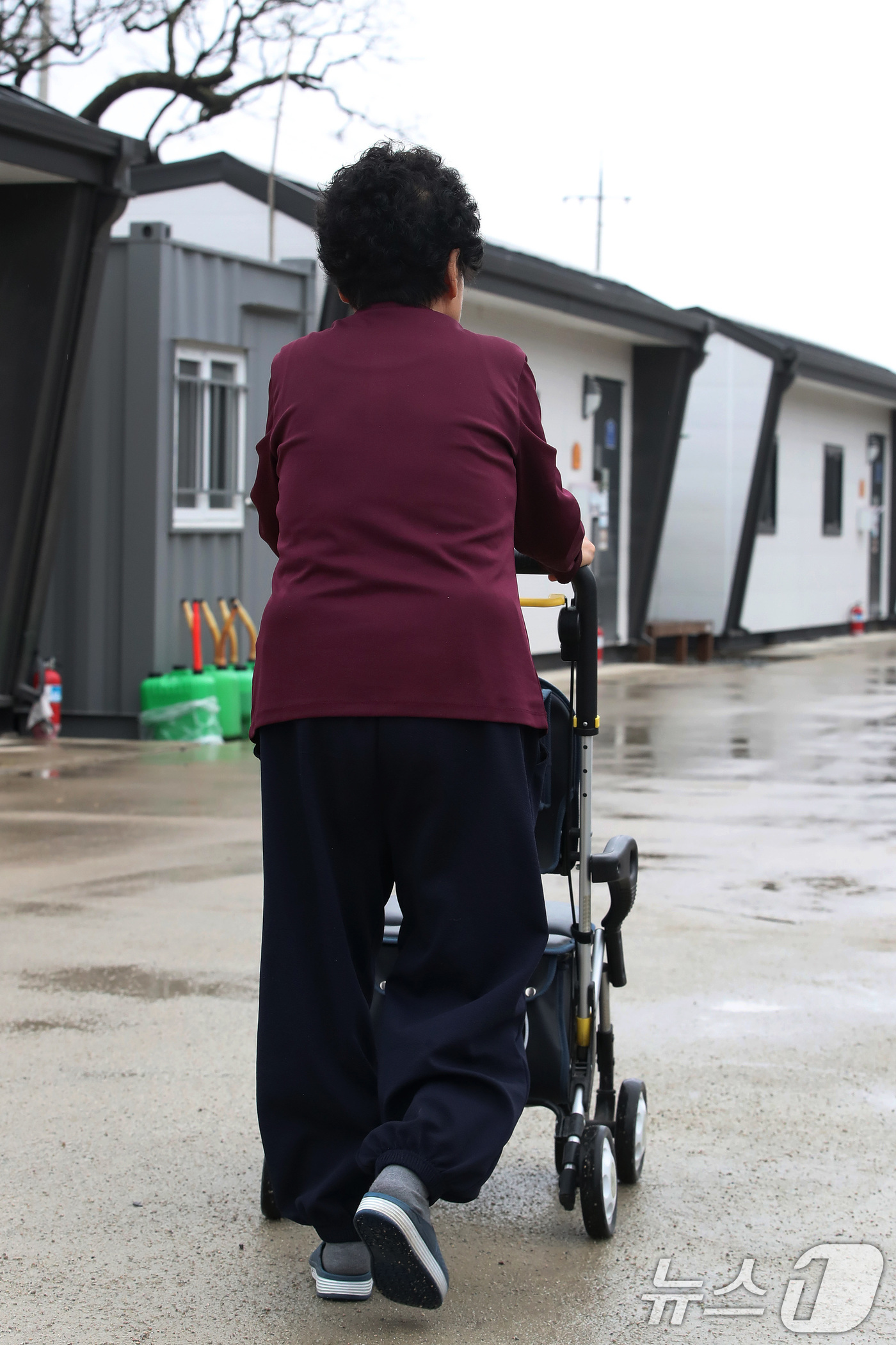 (안동=뉴스1) 공정식 기자 = 18일 경북 안동시 일직면의 한 임시주거용 조립주택에서 산불 피해 이재민이 산불 1년이 되도록 집으로 돌아가지 못하는 답답한 마음을 달래려 산책하고 …