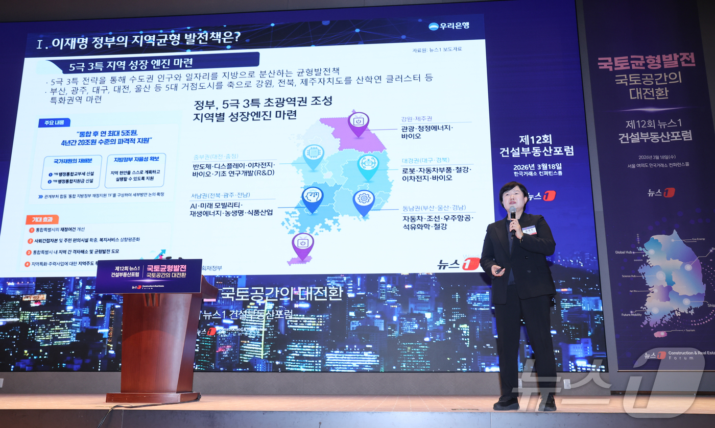 (서울=뉴스1) 안은나 기자 = 함영진 우리은행 WM영업전략부 부동산리서치랩장이 18일 오후 서울 여의도 한국거래소에서 열린 제12회 뉴스1 건설부동산포럼에 참석해 '지역별 집값 …