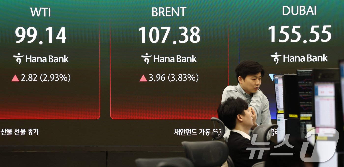 (서울=뉴스1) 최지환 기자 = 이스라엘이 이란의 최대 가스전을 공격하고 이란이 보복을 예고한 19일 서울 중구 하나은행 딜링룸 전광판에 국제 유가 선물 가격이 표시되어 있다.18 …