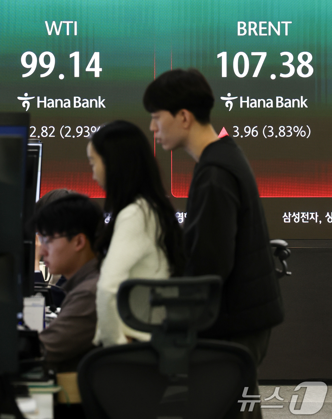 (서울=뉴스1) 최지환 기자 = 이스라엘이 이란의 최대 가스전을 공격하고 이란이 보복을 예고한 19일 서울 중구 하나은행 딜링룸 전광판에 국제 유가 선물 가격이 표시되어 있다.18 …