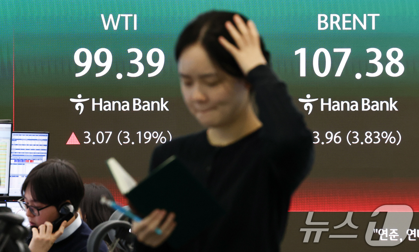 (서울=뉴스1) 최지환 기자 = 이스라엘이 이란의 최대 가스전을 공격하고 이란이 보복을 예고한 19일 서울 중구 하나은행 딜링룸 전광판에 국제 유가 선물 가격이 표시되어 있다.18 …