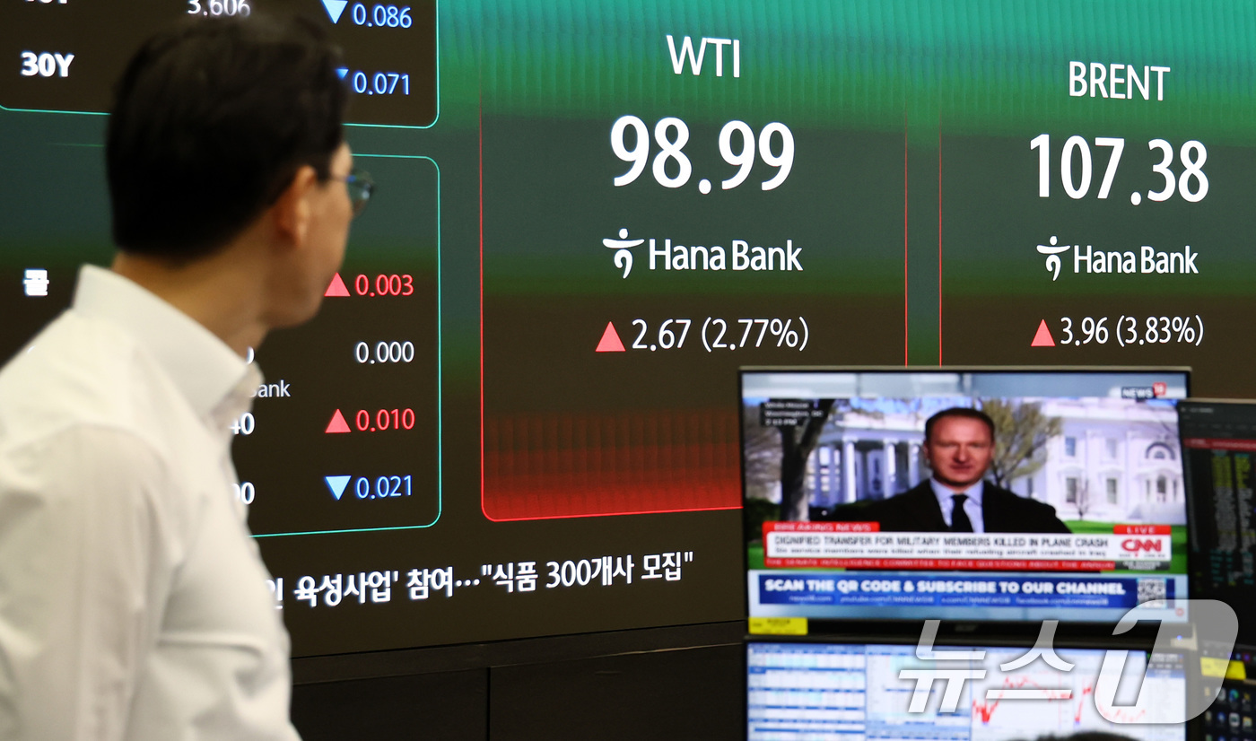 (서울=뉴스1) 최지환 기자 = 이스라엘이 이란의 최대 가스전을 공격하고 이란이 보복을 예고한 19일 서울 중구 하나은행 딜링룸 전광판에 국제 유가 선물 가격이 표시되어 있다.18 …