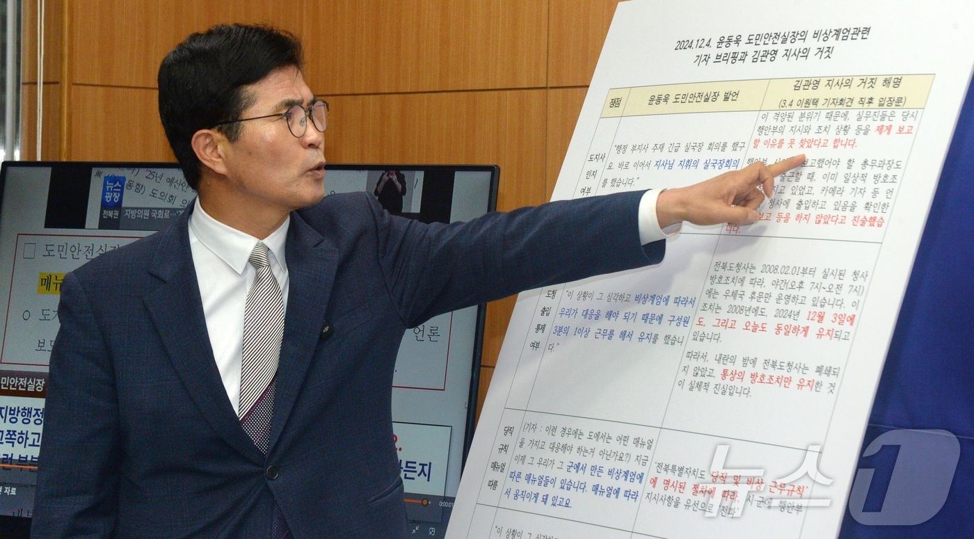 (전주=뉴스1) 유경석 기자 = 이원택 더불어민주당 국회의원이 19일 전북 전주시 전북특별자치도의회에서 12.3 비상계엄 당시 전북특별자치도청 출입 통제 관련 기자회견을 열고 자료 …