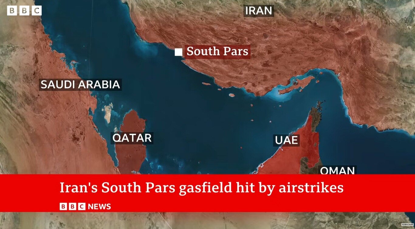 본문 이미지 - 사우스 파르스 가스전 위치. (BBC 유튜브 캡쳐)