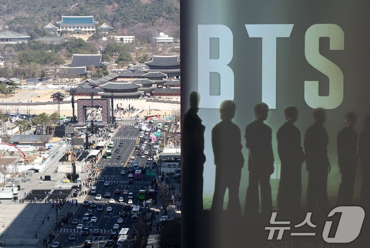 본문 이미지 - 방탄소년단(BTS) 완전체 컴백 공연이 이틀 앞으로 다가온 19일 서울 광화문광장 인근 빌딩 전광판에 컴백 공연을 알리는 광고가 표출되고 있다. 2026.3.19 ⓒ 뉴스1 최지환 기자