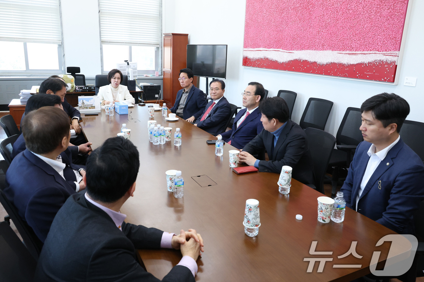 (서울=뉴스1) 신웅수 기자 = 여인선 의원을 비롯한 국민의힘 대구시 지역구 의원들이 19일 서울 여의도 국회에서 6.3 지방선거와 관련해 회동하고 있다. 2026.3.19/뉴스1 …