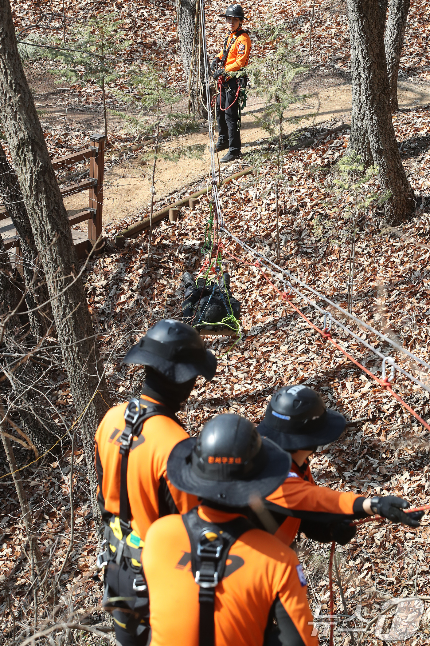 (대구=뉴스1) 공정식 기자 = 춘분(春分)을 하루 앞둔 19일 오전 대구강서소방서 119구조대원들이 달서구 와룡산에서 열린 '봄철 산악사고 대비 특별구조훈련'에서 추락한 부상자를 …