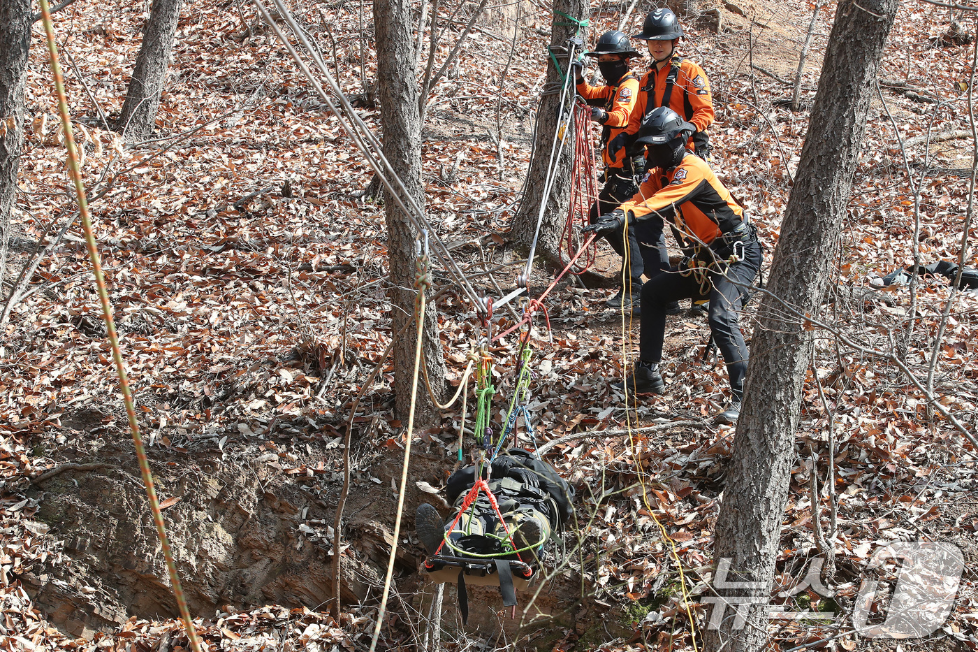 (대구=뉴스1) 공정식 기자 = 춘분(春分)을 하루 앞둔 19일 오전 대구강서소방서 119구조대원들이 달서구 와룡산에서 열린 '봄철 산악사고 대비 특별구조훈련'에서 추락한 부상자를 …