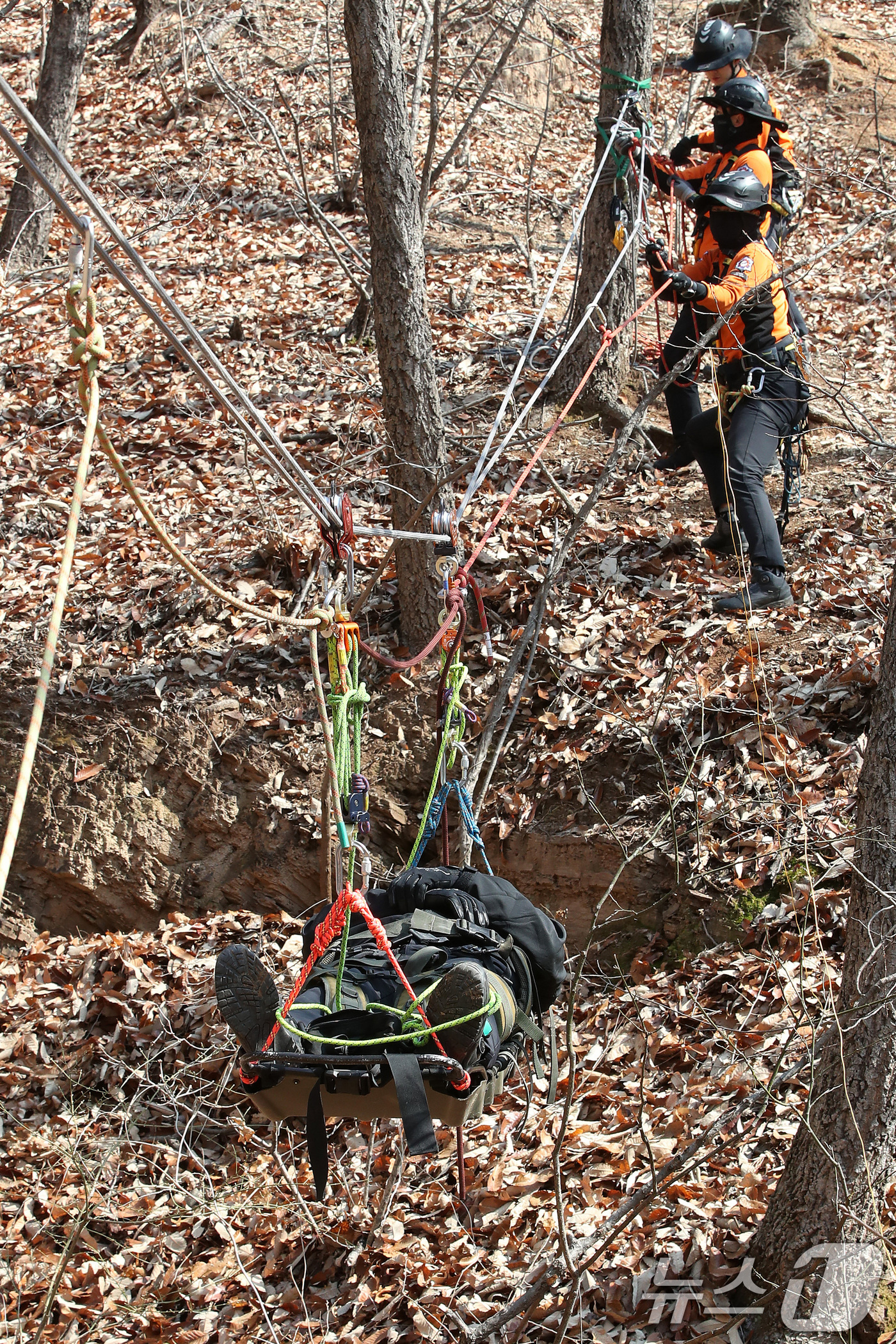 (대구=뉴스1) 공정식 기자 = 춘분(春分)을 하루 앞둔 19일 오전 대구강서소방서 119구조대원들이 달서구 와룡산에서 열린 '봄철 산악사고 대비 특별구조훈련'에서 추락한 부상자를 …