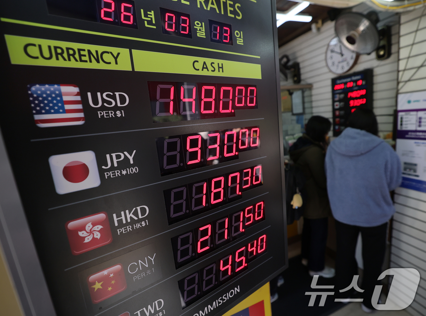 (서울=뉴스1) 오대일 기자 = 원·달러 환율이 3거래일 만에 1500원대를 재돌파한 19일 서울 중구 명동의 환전소 전광판에 환율 시세가 표시되고 있다.이날 서울외환시장에서 오전 …