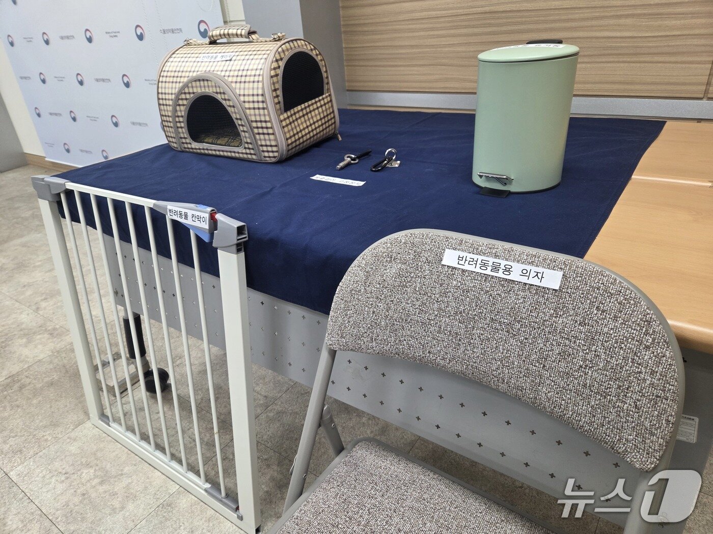 본문 이미지 - 19일 서울지방식약청에서 열린 반려동물 동반출입 음식점 제도 안정 정착을 위한 브리핑'에서 반려동물 케이지 및 의자 등 시설이 전시돼 있다. 2026.3.19/뉴스1 한송아 기자
