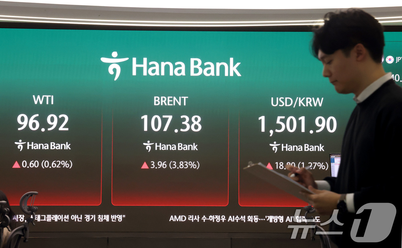 (서울=뉴스1) 이광호 기자 = 19일 서울 중구 하나은행 딜링룸 현황판에 1500원을 재돌파한 원/달러 환율과 국제 유가 기준인 브렌트유, 미국 서부텍사스산원유(WTI)가 표시되 …