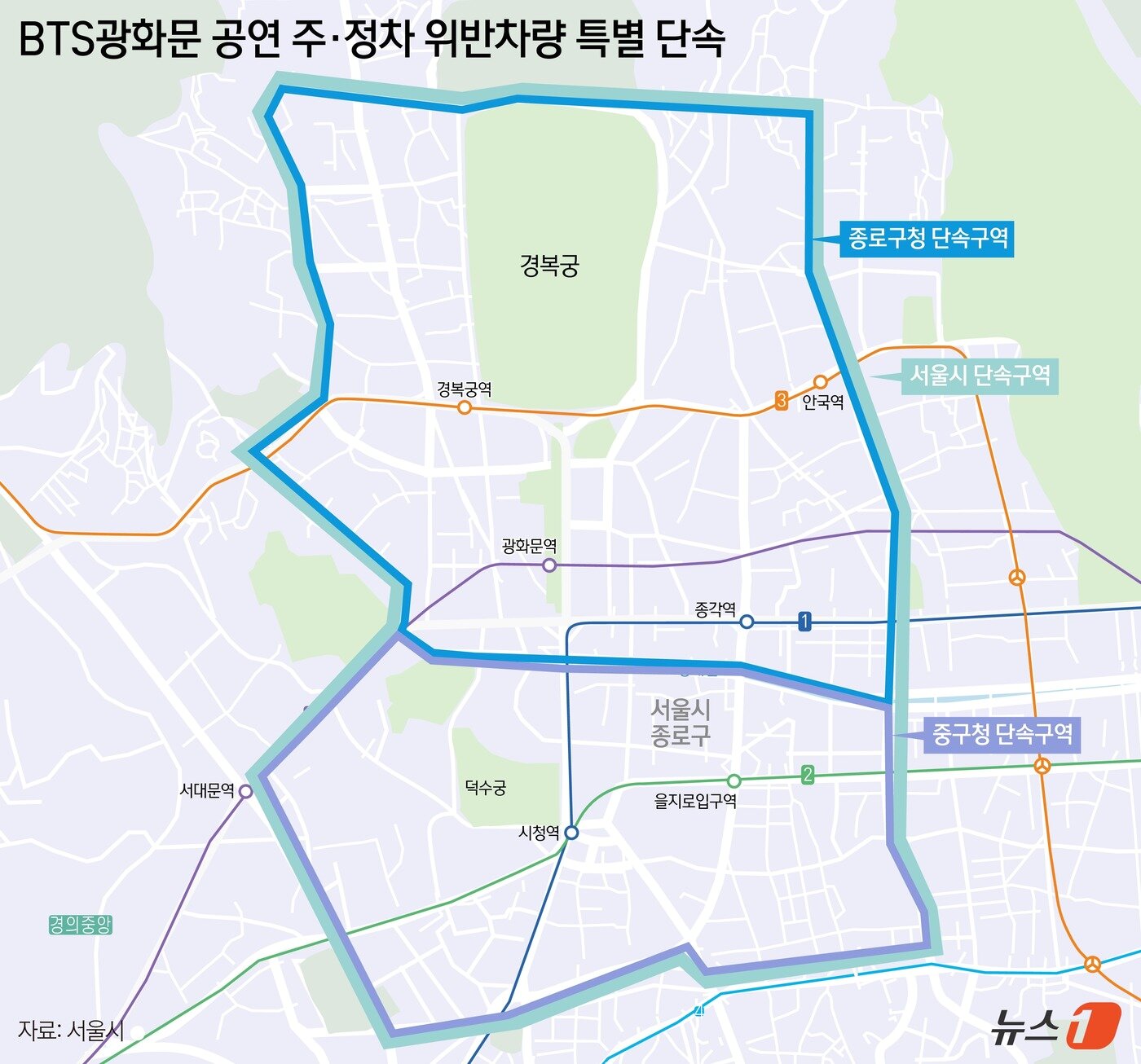 본문 이미지 - 21일 오전9시부터 밤 10시까지 광화문, 세종대로 일대 행사장 주변 도로를 대상으로 불법 주정차 특별 단속이 이뤄진다. CCTV 차량이 순회하며 계도 위주의 단속을 실시하고, 불응 시에는 자치구 등과 협업해 차량 과태료 처분 및 견인 조치가 이뤄질 수 있다. ⓒ 뉴스1 윤주희 디자이너