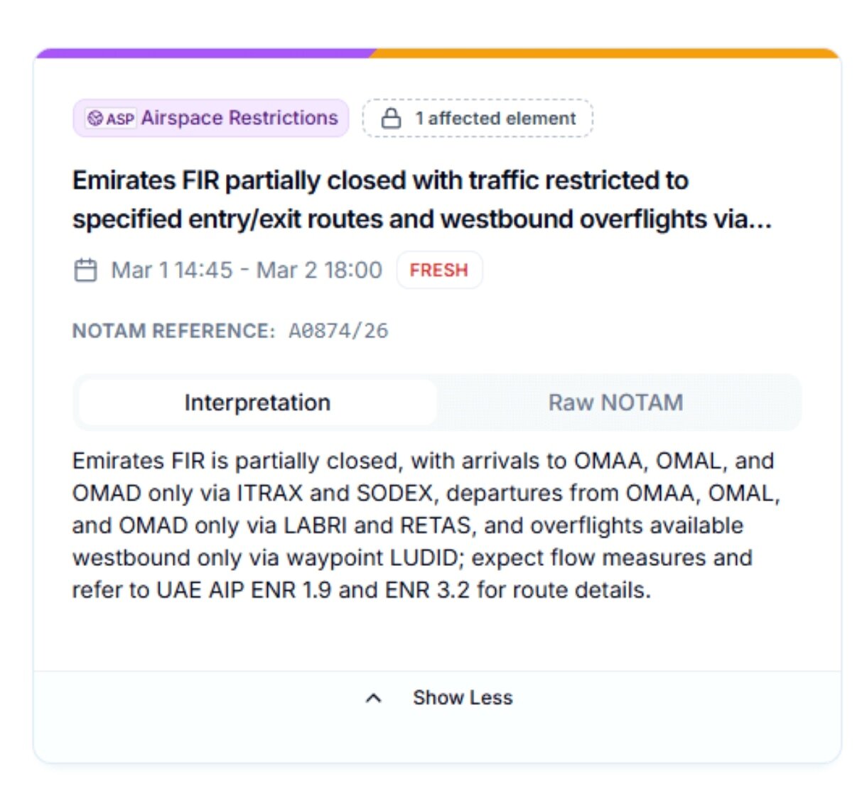 본문 이미지 - 노탐(NOTAM)에 올라온 에미레이트 비행정보구역(FIR)이 부분 폐쇄되었음을 알리는 공고.(네이버 카페 갈무리)