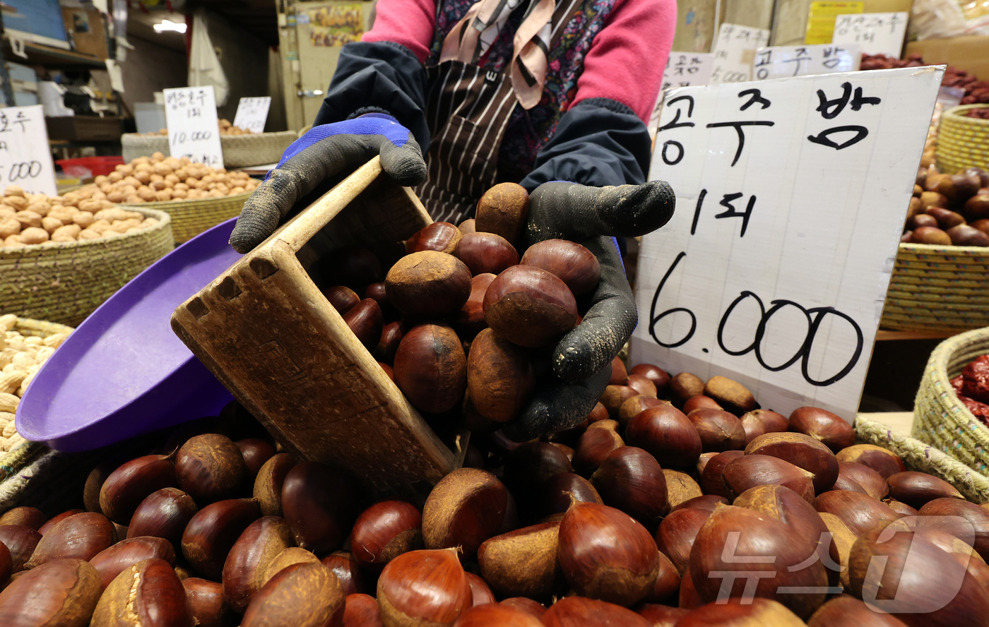 (서울=뉴스1) 김진환 기자 = 정월 대보름(음력 1월 15일)을 하루 앞둔 2일 오전 서울 동대문구 경동시장에서 한 상인이 밤 등 부럼을 준비하고 있다. 2025.3.2/뉴스1