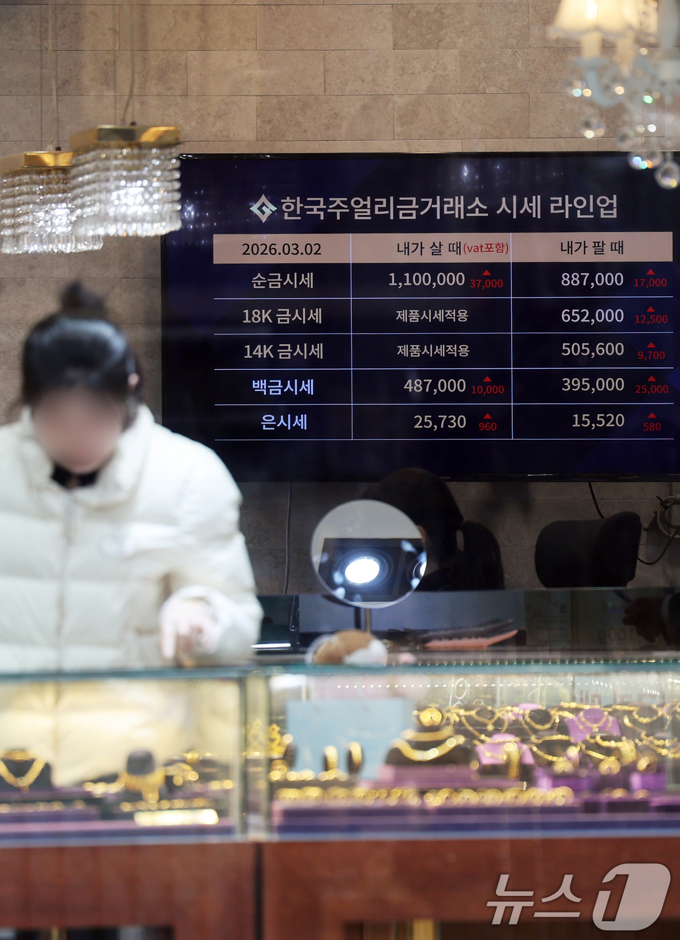 (서울=뉴스1) 황기선 기자 = 2일 서울 시내 한 금은방 전광판에 금시세가 나타나고 있다. 미국의 대(對)이란 군사작전으로  안전자산 수요가 급증하며 금 선물은 2% 이상 급등하 …