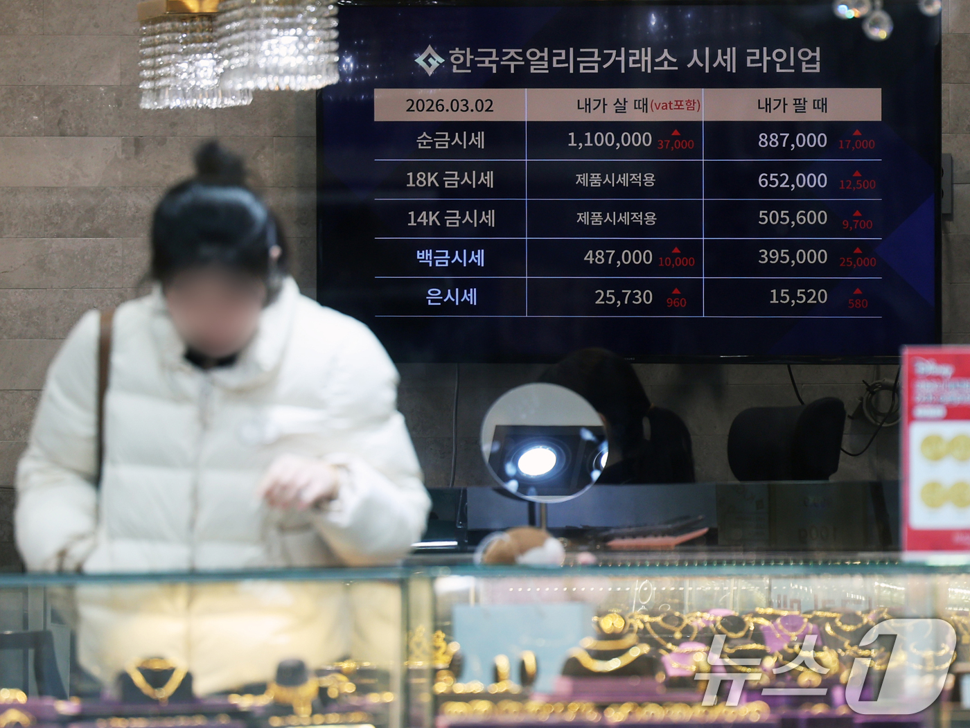 (서울=뉴스1) 황기선 기자 = 2일 서울 시내 한 금은방 전광판에 금시세가 나타나고 있다. 미국의 대(對)이란 군사작전으로  안전자산 수요가 급증하며 금 선물은 2% 이상 급등하 …