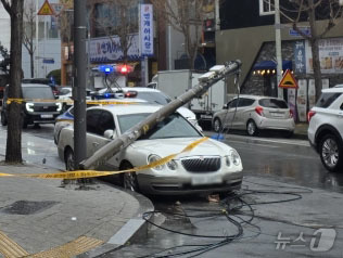 (광주=뉴스1) 이승현 기자 = 2일 오후 2시 15분쯤 광주 광산구 쌍암동 한 거리에서 건설 폐기물 수거차가 전선을 건드린 후 통신주가 넘어지면서 차량을 덮치고 있다. (독자제공 …