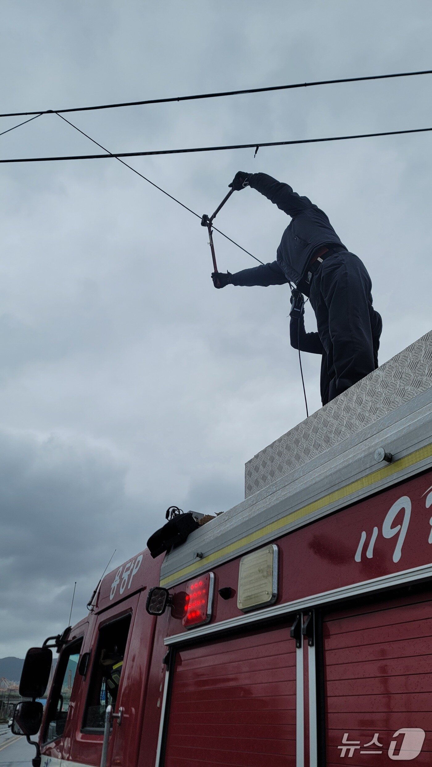 본문 이미지 - 2일 부산 남구 용당동 한 전선이 끊어져 소방이 위험 부분을 제거하고 있다.(부산소방재난본부 제공. 재판매 및 DB 금지)