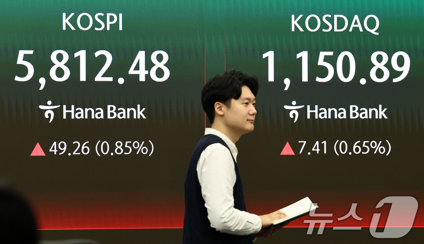 (서울=뉴스1) 최지환 기자 = 20일 오전 서울 중구 하나은행 딜링룸 전광판에 증시 시황이 표시되고 있다.이날 코스피는 전 거래일 대비 50.13포인트(0.87%) 오른 5813 …