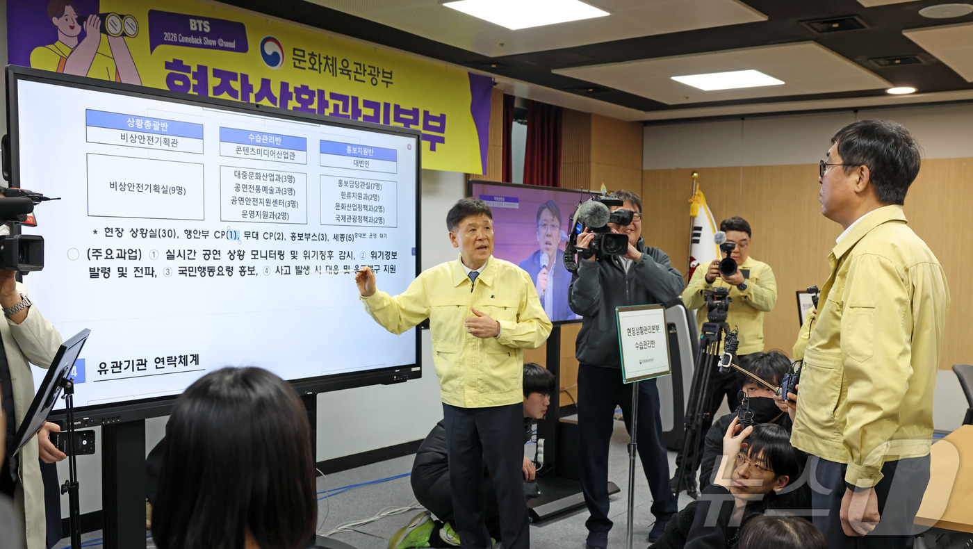 (서울=뉴스1) = 최휘영 문화체육관광부 장관이 방탄소년단(BTS) 컴백 공연을 하루 앞둔 20일 서울 종로구 대한민국역사박물관에 마련된 현장상황관리본부에서 현황 브리핑을 받고 있 …