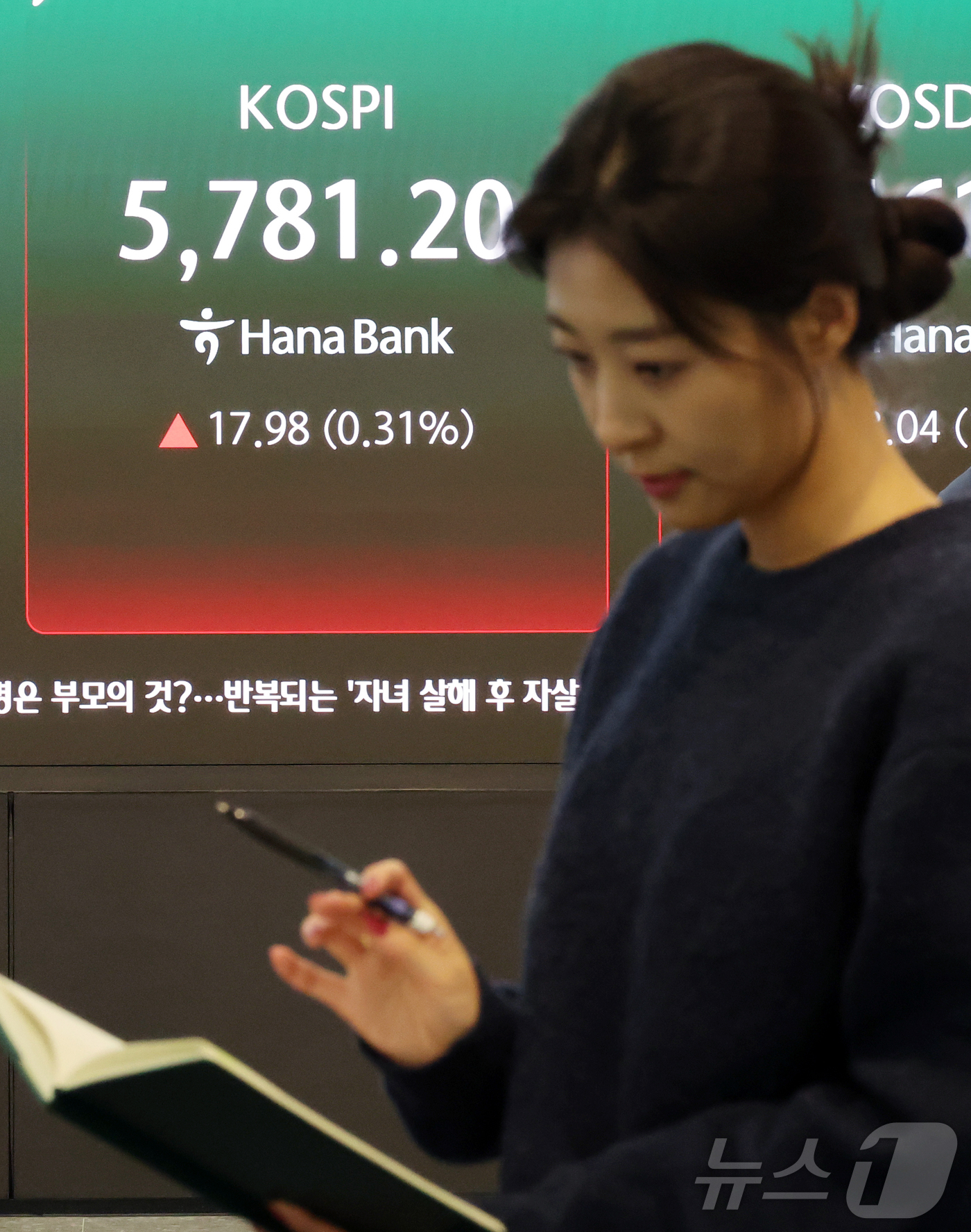 (서울=뉴스1) 김진환 기자 = 20일 오후 서울 중구 하나은행 본점 딜링룸 전광판에 종가가 표시되고 있다.이날 코스피는 전 거래일보다 17.98.포인트(0.31%) 오른 5781 …
