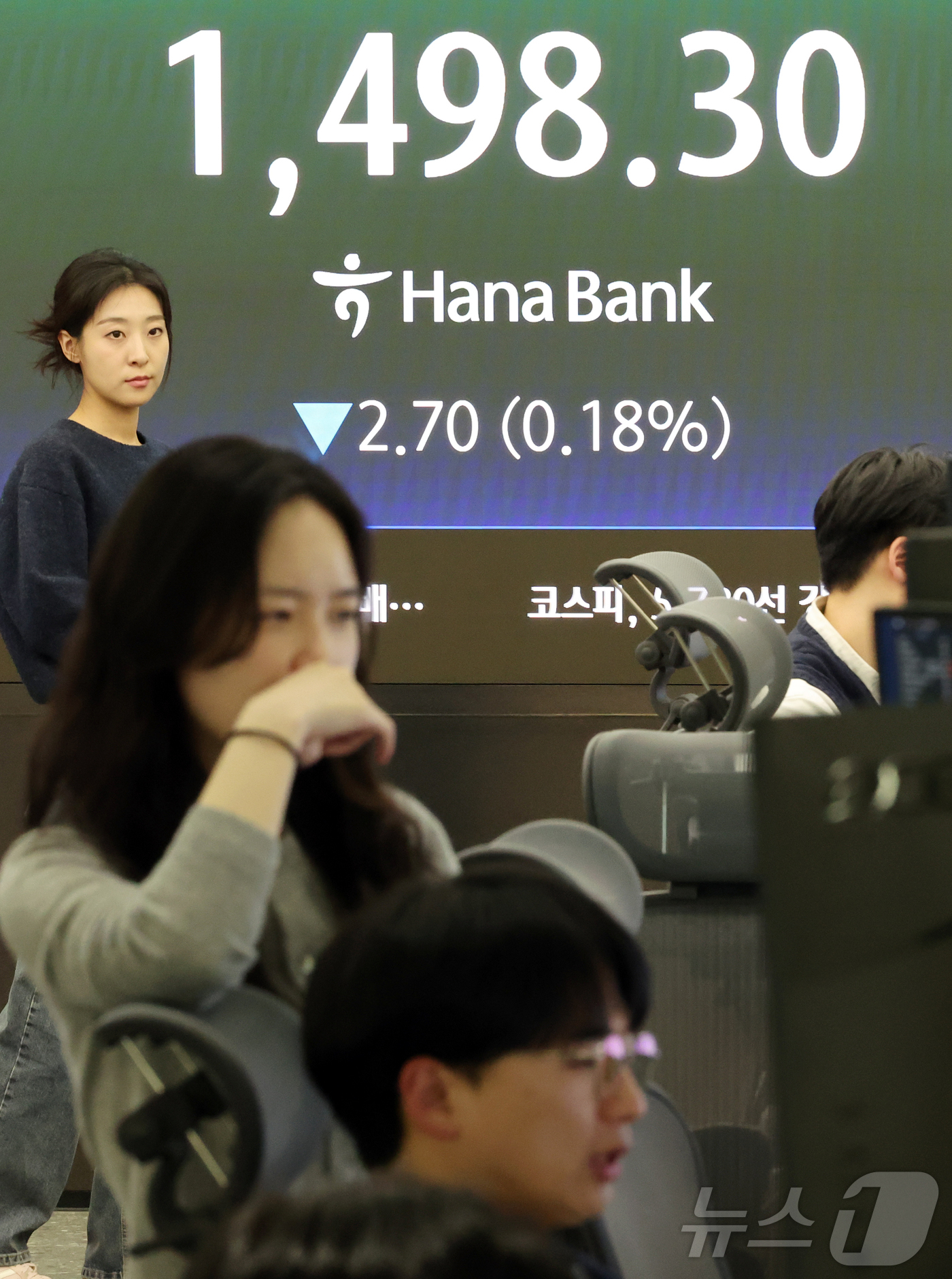 (서울=뉴스1) 김진환 기자 = 20일 오후 서울 중구 하나은행 본점 딜링룸 전광판에 종가가 표시되고 있다.서울외환시장에서 달러·원 환율은 전일 오후 3시 30분 주간종가 대비 2 …